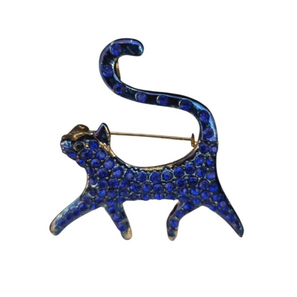 Walking Blue Rhinestone Cat Gold-Tone Brooch/Pendant